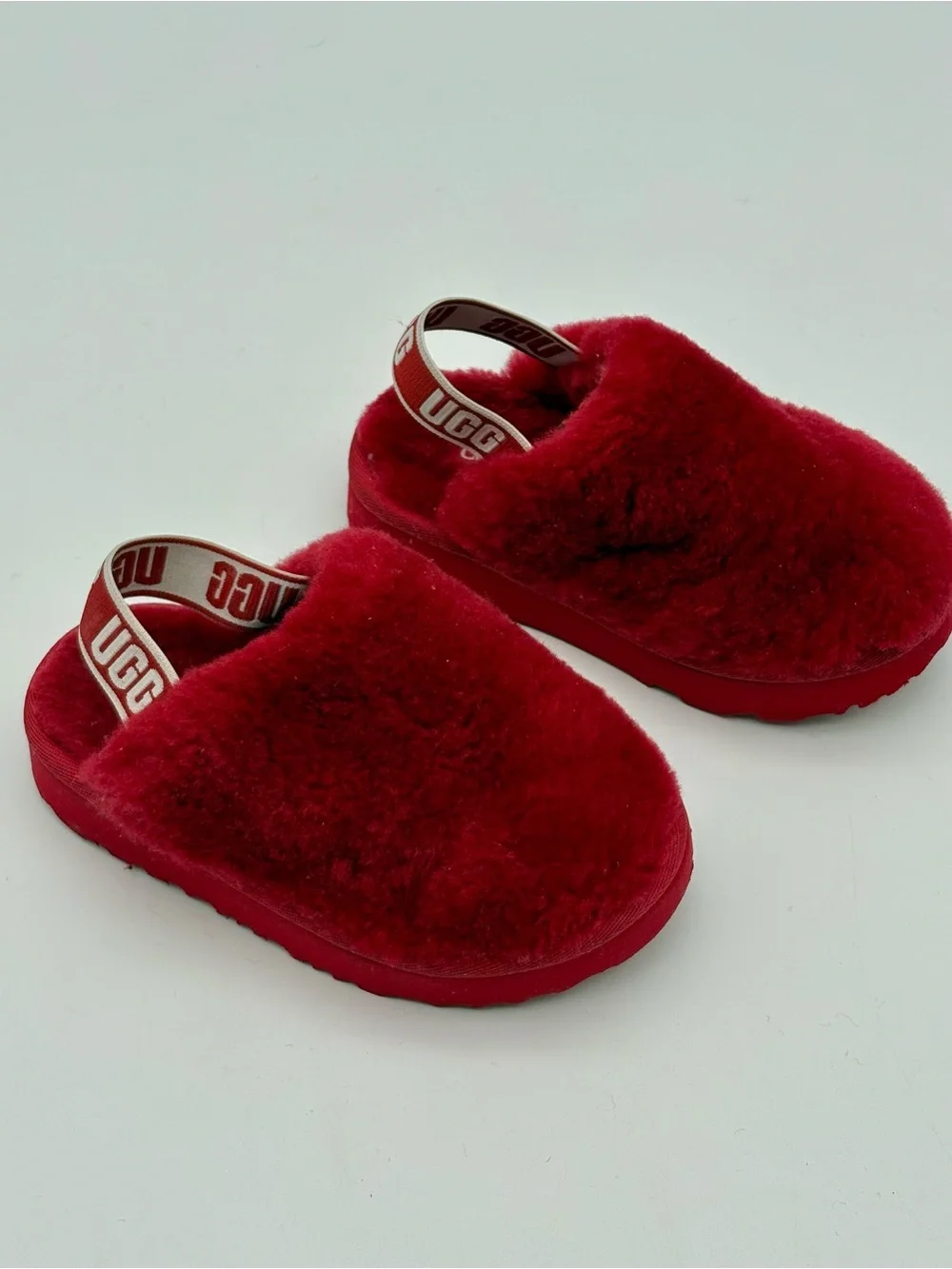 UGG Kids Red Plush Slip-On Clog with Branded Heel Strap